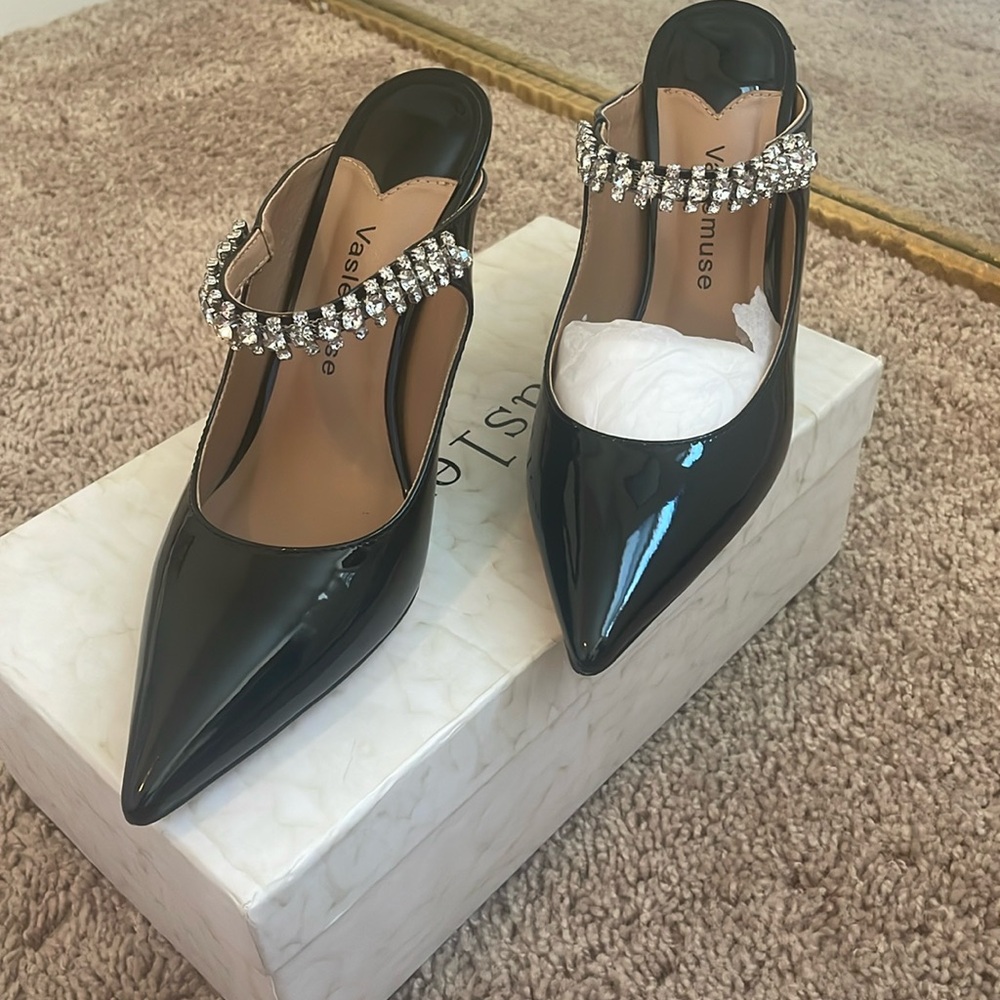 Black mule heels worn once